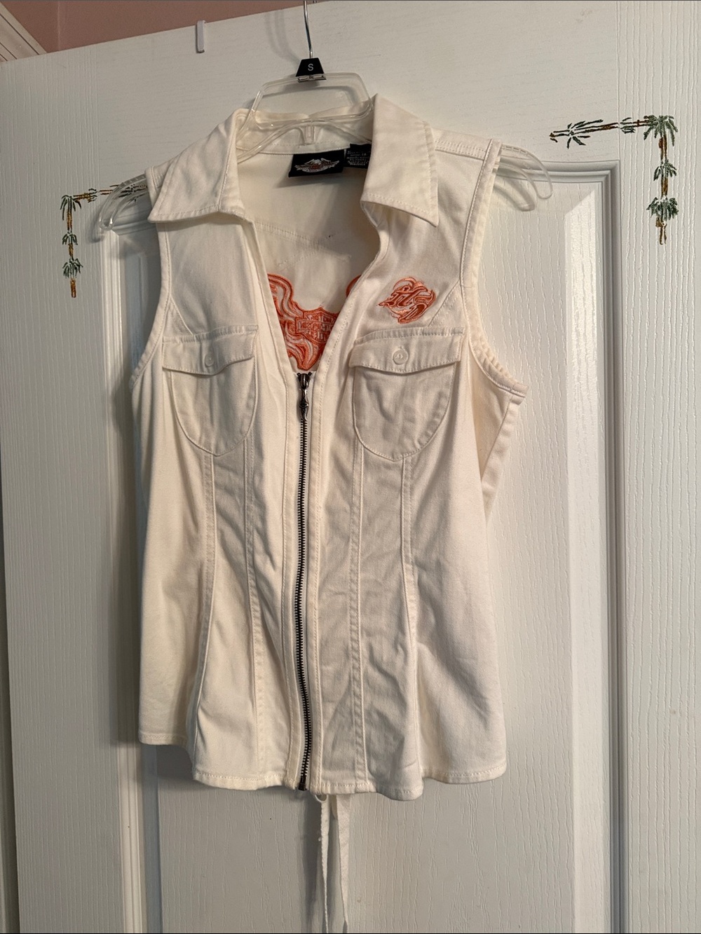 Harley-Davidson Cream Sleeveless Zip-Front Tank with Orange Embroidery